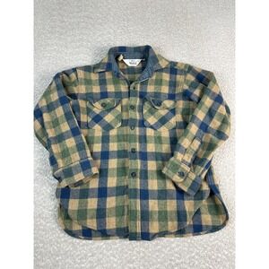 Vintage Woolrich Shirt Jacket Womens M Green Blue Tan Plaid Wool USA